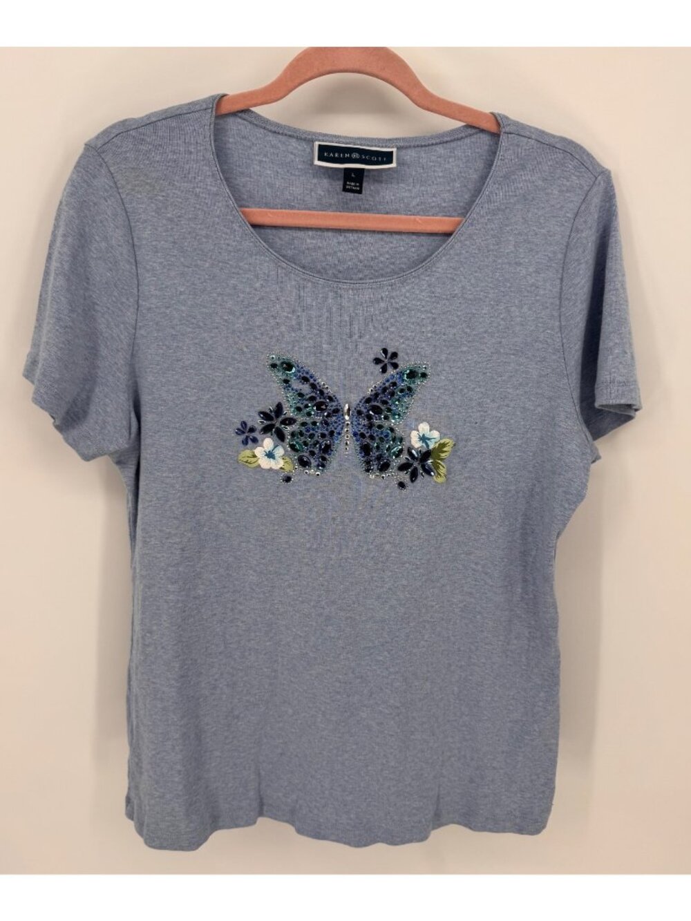 Karen Scott Womens Blue Butterfly Embellished Scoop Neck Short-Sleeve T-Shirt L